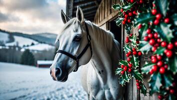 White Horse in Barn Opening with Holly Decoration on Winter Day photo