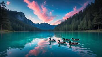 Ducks Swim Peacefully on Lake with Mountain and Forest Backdrop photo
