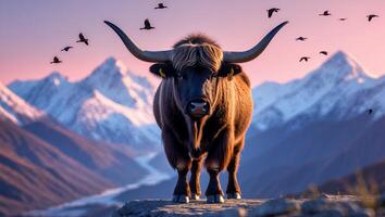 Majestic Highland Cattle Stare Atop a Mountain Overlook with Distant Peaks photo