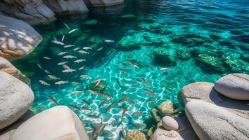 Fish Swim in Clear Turquoise Water by Smooth White Rocks photo