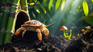 Crab Walking Near Mushroom Patch with Sunlight in Lush Setting photo