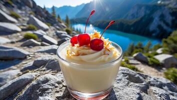 Dessert Cup Topped with Cherries in a Scenic Mountain Landscape photo
