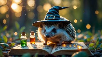 Hedgehog Wizard Reading Spell Book in Forest with Magic Potions photo