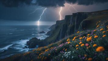 Lightning Strikes Over Coastal Cliffs with Wildflowers and Dramatic Sky photo