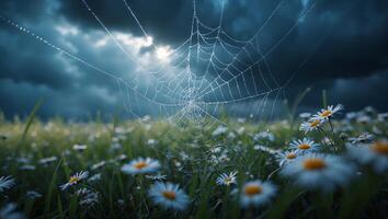 Spiderweb Over Daisy Meadow Against a Dramatic Cloudy Sky photo