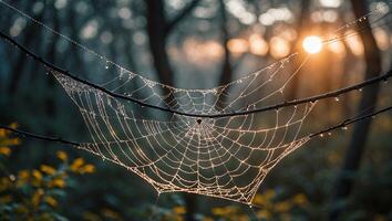 Spiderweb Covered in Morning Dew Hangs Beautifully in Forest Sunlight photo