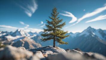 Lone Tree Standing on Mountain Peak with Snow Capped Range photo