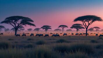 Grazing Animals Under Acacia Trees During Twilight in Open Savannah photo