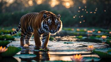 Tiger Walking Through Water Lilies at Sunset in Wildlife Setting photo