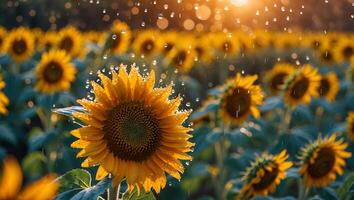 Sunflower Field Under Rain at Sunset with Bokeh Effect photo