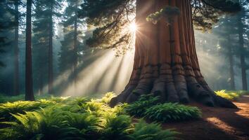 Sunlight Streaming Through Forest with Tall Tree and Ferns photo