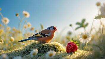 Small Bird with Strawberry Sitting in Flower Field on Moss photo