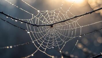 Spiderweb Covered in Morning Dew Drops on Branches with Soft Light photo