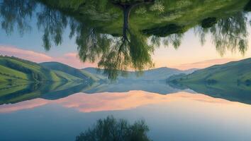 Lake Reflection of Lush Green Hills and Tree at Peaceful Sunset photo