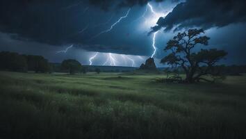 Lightning Strikes Over Open Field with Silhouette Tree and Dark Clouds photo