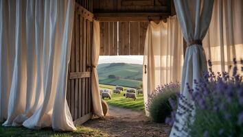 View of Sheep Grazing From Rustic Barn Door with Lavender photo