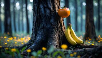 Bananas and Persimmon at Tree Base in Forest Setting photo