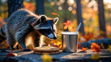 Raccoon Exploring Cookies and Drink Outdoors in an Autumn Setting photo