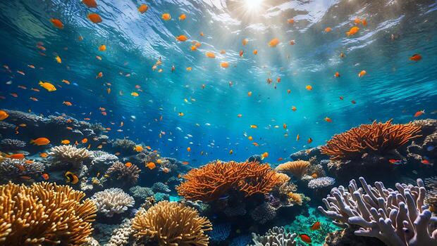 Exploring Vibrant Coral Reef Ecosystem with Schools of Small Orange Fish photo