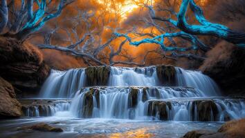 Cascading Waterfall Through Forest with Autumnal Colors and Textured Trees photo