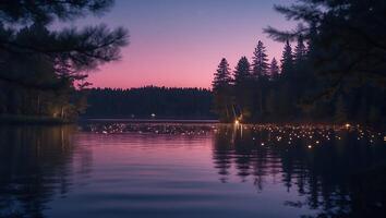 Calm Lake Reflecting Purple Sky at Dusk with Forest Edges photo