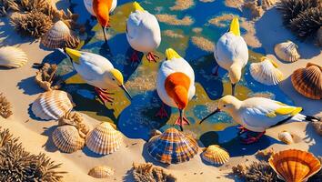 Birds Feeding on Sandy Beach with Shells in Coastal Setting photo