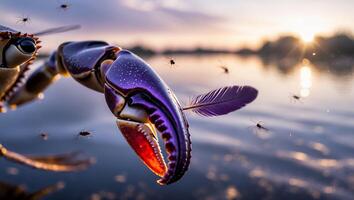 Crab Claw Rising Above Water with Feather and Insect Swarm photo