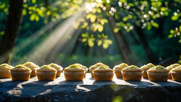 Delicious Cupcakes Displayed Outdoors with Sun Rays and Natural Setting photo