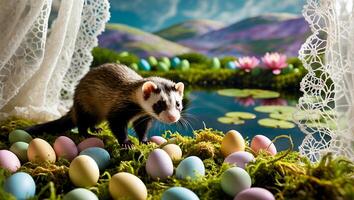 Ferret Walking Among Pastel Easter Eggs Near a Pond in Spring photo