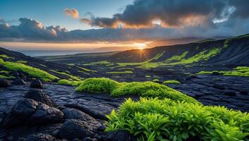 Lava Field Landscape at Sunset with Green Vegetation and Clouds photo