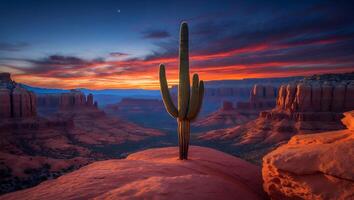 Cactus Stands Tall Over Desert Canyon at Sunset with Vibrant Sky photo
