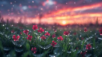 Blooming Red Flowers in Dewy Meadow with Stunning Sunset Background photo