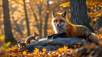 Fox Relaxing on Rock with Squirrels in a Golden Autumn Forest photo