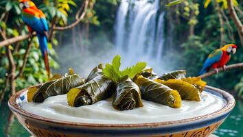 Stuffed Grape Leaves with Yogurt Sauce Waterfall Tropical Backdrop Food photo
