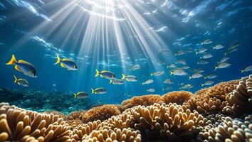School of Fish Swimming Above Coral Reef with Sun Rays photo