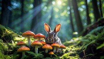 Rabbit Among Mushrooms in Forest with Sunlight Streaming Through Trees photo