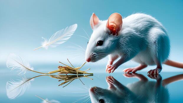 White Mouse Investigating Nesting Material and Feathers with Reflection photo