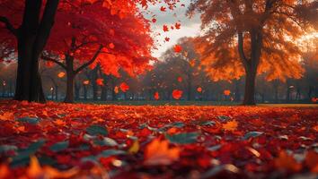 Autumn Leaves Falling in Colorful Park on a Sunny Day photo