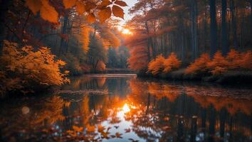 Autumn Forest Lake Reflection at Sunset Peaceful Nature Landscape photo