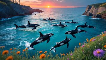Orcas Swimming in Ocean at Sunrise Near Grassy Cliff Coastline photo