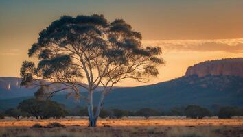 Solitary Tree Stands in Open Field at Golden Sunset Hour photo