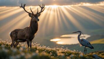 Deer and Heron Standing Together at Sunset with Golden Light photo