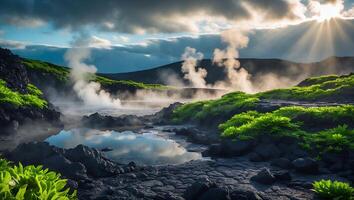 Steaming Geothermal Pool Landscape with Rocks and Sunlight in Iceland photo