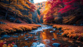 Flowing Stream Through Forest During Autumn Season with Colorful Leaves photo