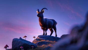 Standing Goat Silhouette on Rocky Peak with Magical Mushroom Landscape photo