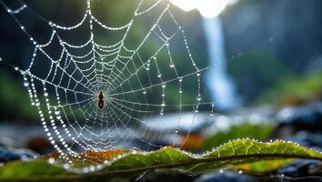 Spider Web with Dew Drops Shimmers in Morning Sunlight, Waterfall Backdrop photo