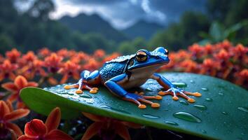 Frog Resting on Leaf in Rainforest Setting with Orange Flowers photo