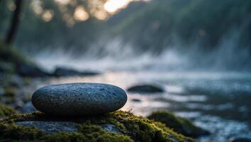 River Stone Lying on Mossy Rocks Beside Flowing Water at Sunrise photo