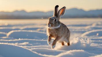 Running Hare in Winter Wonderland Snowy Field on a Sunny Day photo