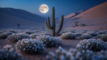 Cactus and Moon in Desert Landscape with Small White Flowers photo